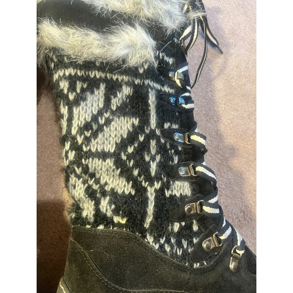 Muk Luks Womens Tall Winter Boots Faux Fur Knit Nordic Snowflake Black White